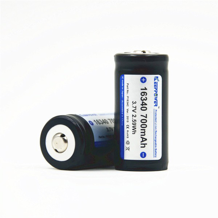Акумулятор літієвий Li-Ion 16340, з захистом 700mAh, 3,6-3,7В, 16340, Keeppower Зображення